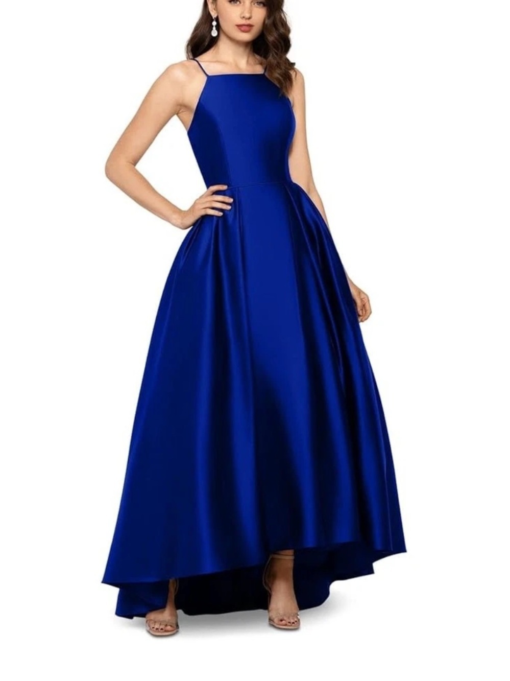 Betsy & Adam Cobalt Blue Satin High-Low Evening Gown